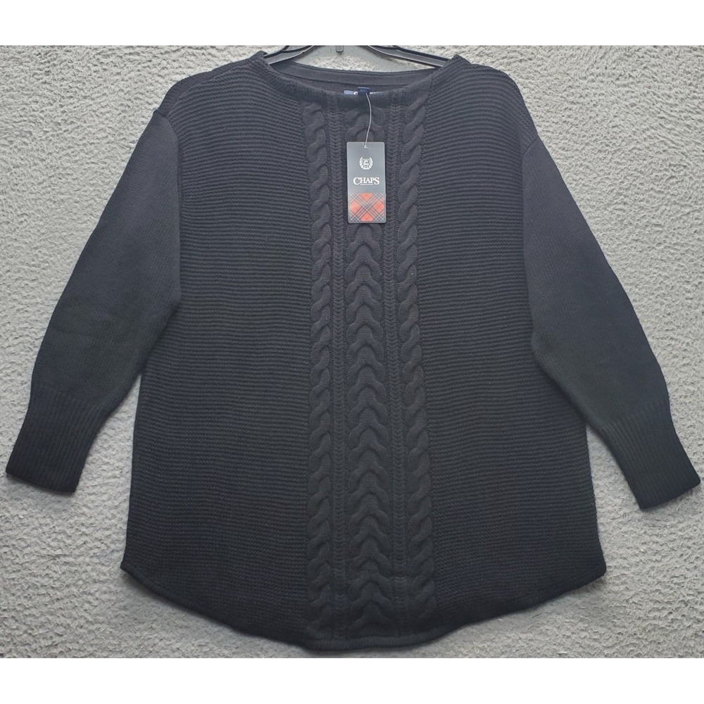 Chaps Tunic Sweater Womens L Black Cable Knit Seed‎ Stitch 3/4 Sleeve Pullover